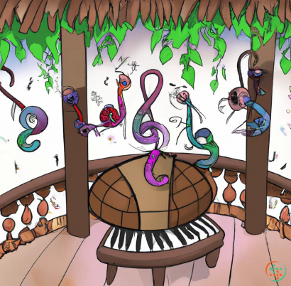 Diagram - A hand-drawn picture of four happily singing brown earthworms in a wooden gazebo covered in wisteria with music notes floating around on a sunny day