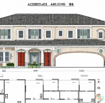 Diagram - A house plan, elevation. House over 2 Acre with lawn on all sides. Focus on front elevation in italian and spanish style. Flat roof with decent front