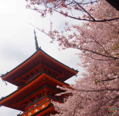 A pagoda with pink flowers