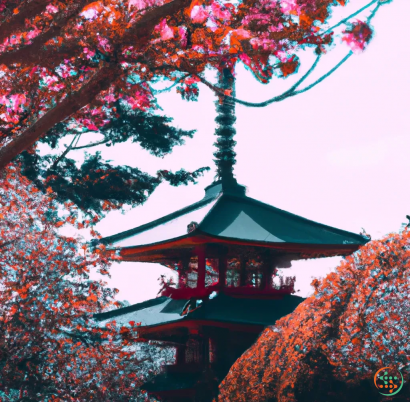 A pagoda with red leaves