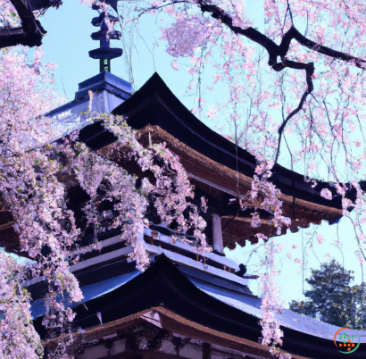 A building with a tower and cherry blossoms on the roof