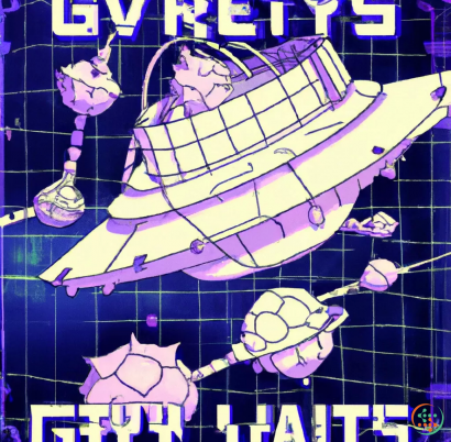 Diagram - A light colored poster of futuristic space battleship leaving planets and asteroids with caption "Gravity wells are for suckers" with a space-time wireframe showing gravity in the background, Cyberpunk