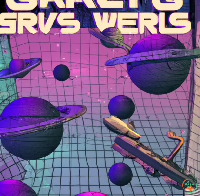 Shape - A light colored poster of futuristic space battleship leaving planets and asteroids with caption "Gravity wells are for suckers" with a space-time wireframe showing gravity in the background, Cyberpunk