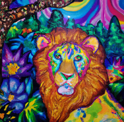 A lion with colorful paint on its face