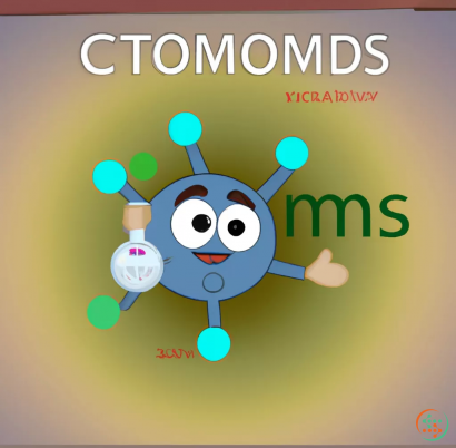 Diagram - a logo with a frame of a detector on a backrground and colourful thick letters CMS designed as formulas in front with a cartoon funny physicit in the coner having a molecule in his hands