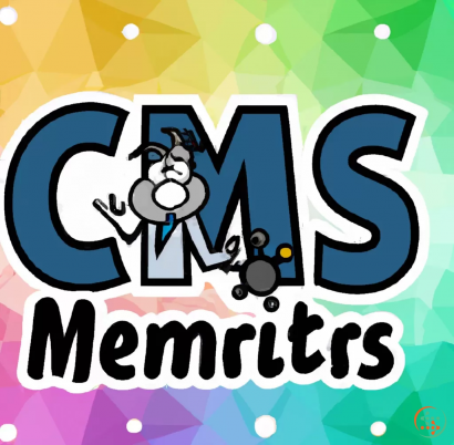 Logo - a logo with a frame of a detector on a backrground and colourful thick letters CMS designed as formulas in front with a cartoon funny physicit in the coner having a molecule in his hands