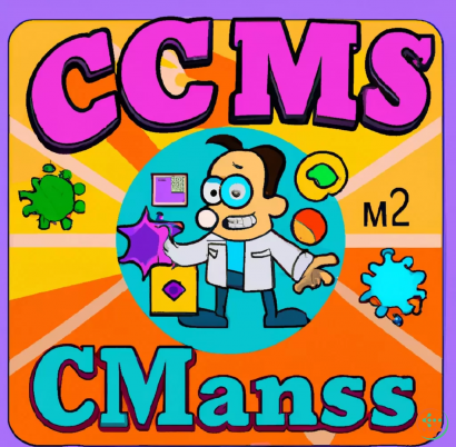 Shape - a logo with a frame of a detector on a backrground and colourful thick letters CMS designed as formulas in front with a cartoon funny physicit in the coner having a molecule in his hands