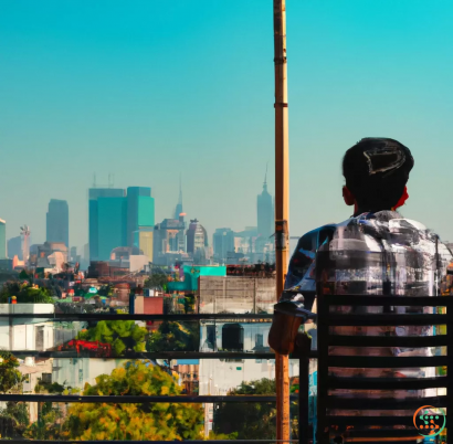 A man standing on a balcony overlooking a city