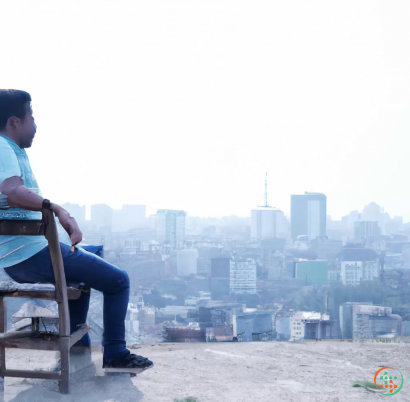 A man sitting on a chair overlooking a city