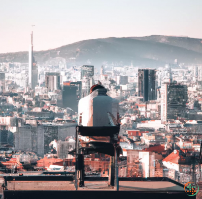 A cityscape with a mountain in the background