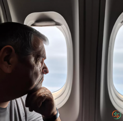 A man looking out of an airplane window