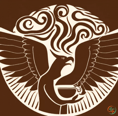 Logo - A medieval-style phoenix silhouette breathing out coffee steam, with a coffee farmer or a coffee bean in the center