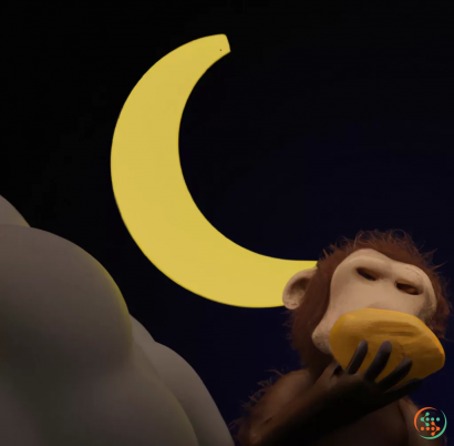 Logo - 3D rendering of a monkey eating a banana on the moon