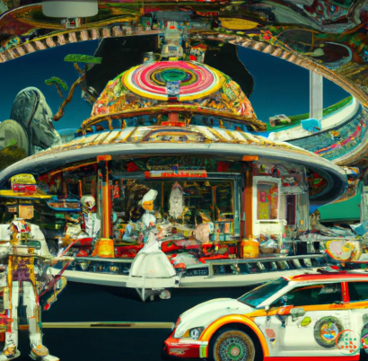 A colorful carousel with cars and people