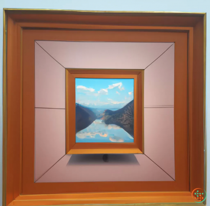 A framed picture of a mountain