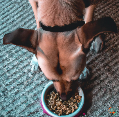 A dog eating from a bowl