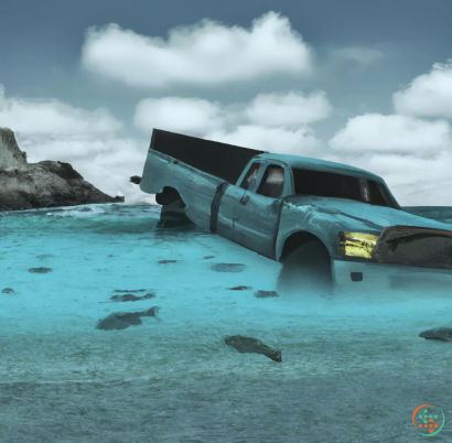 A truck parked in a body of water with rocks and a person sitting in the back of it