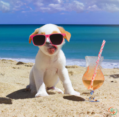 A dog wearing sunglasses and a surfboard on a beach