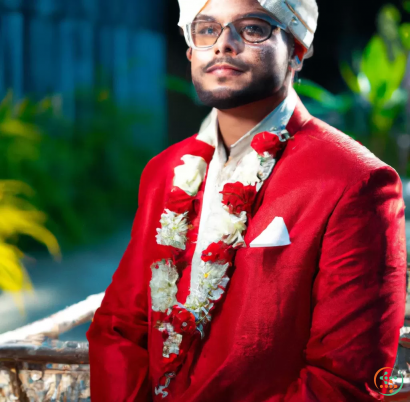 A person wearing a red coat and glasses