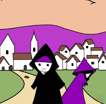 Shape - a simplistic drawing in orient style of a boy in black and a necromancer in purple being back to back separated by an oblique line  in the center  with an old village in the background