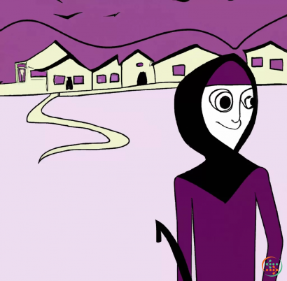 Diagram - a simplistic drawing in orient style of a boy in black and a necromancer in purple being back to back separated by an oblique line  in the center  with an old village in the background