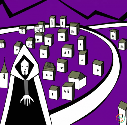 Shape - a simplistic drawing in orient style of a boy in black and a necromancer in purple being back to back separated by an oblique line  in the center  with an old village in the background