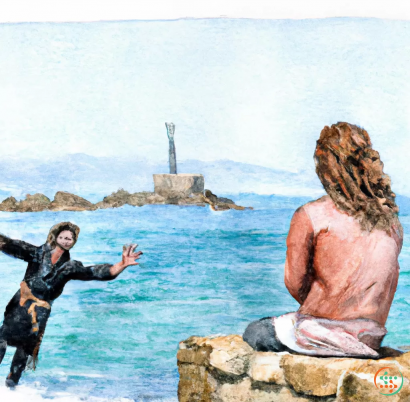 A man and a woman in the water with a statue in the background