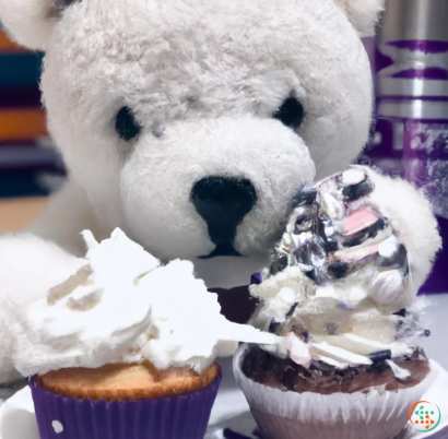 A teddy bear next to cupcakes