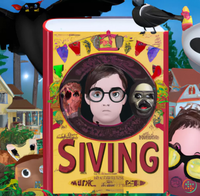 Logo - A Stephen King Book with Stevie King as author. Include a raven with a banner that reads Lynda. Animal Crossing characters in the background. include Sims and Supernatural symbol