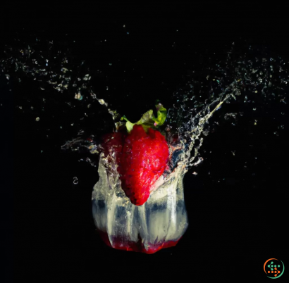 A strawberry splashing into a glass of water