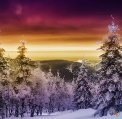 A snowy landscape with trees and a sunset