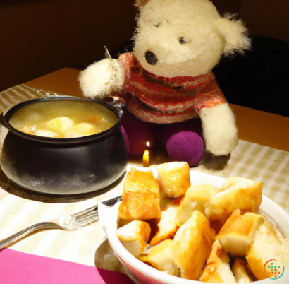 A stuffed animal next to a bowl of food and a candle