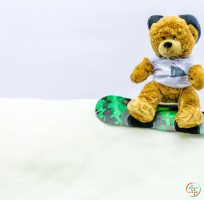 A couple of stuffed bears sit on a green skateboard