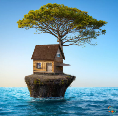 A small house on a small island in the middle of the ocean