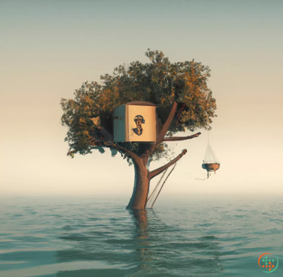 A tree house on a tree in the water