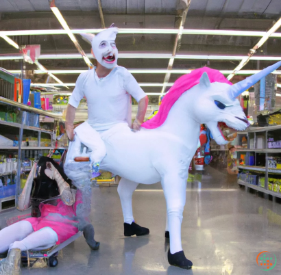 A person in a white mask riding a white horse in a store