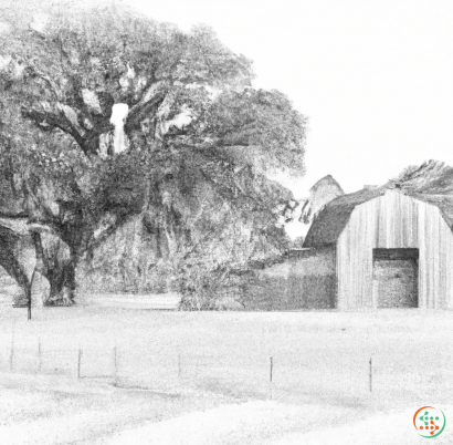 A black and white photo of a house and a tree