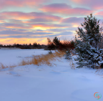 A snowy field with trees and a sunset