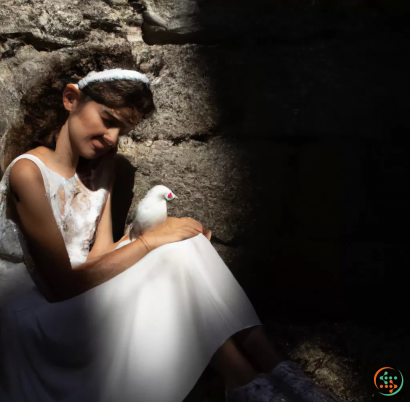 A person in a white dress holding a white dove