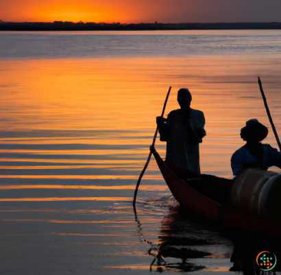 A couple of people in a canoe on a lake at sunset