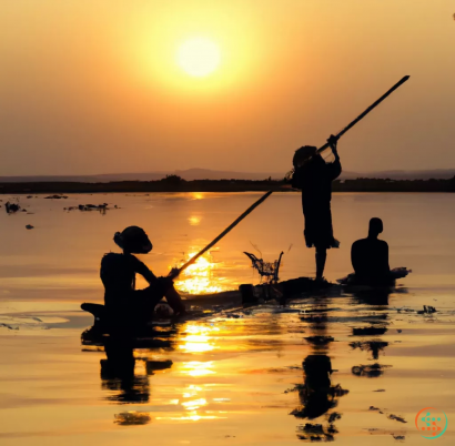 A group of people fishing at sunset