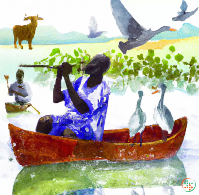 A person in a boat with birds on the water