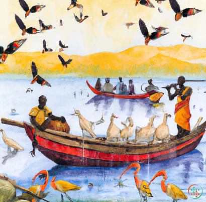 A collage of a boat with birds flying around