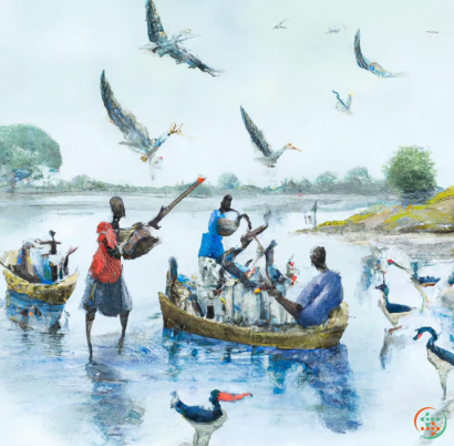 A group of people on a boat with birds flying around