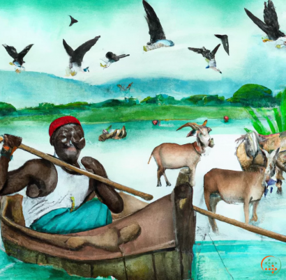 A person in a boat with goats flying around him