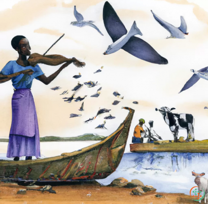 A person in a blue dress and a group of birds flying over a boat