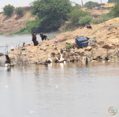 A person sitting on a rock by a river