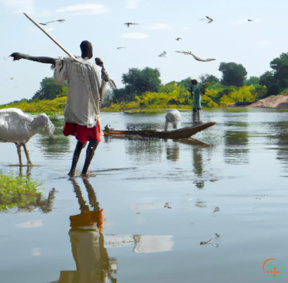 A man carrying a stick and a couple of birds on a river