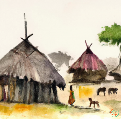 A person and animals in front of a hut