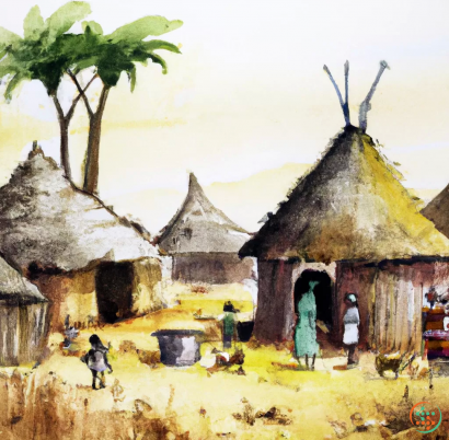 A group of people standing outside of a group of huts